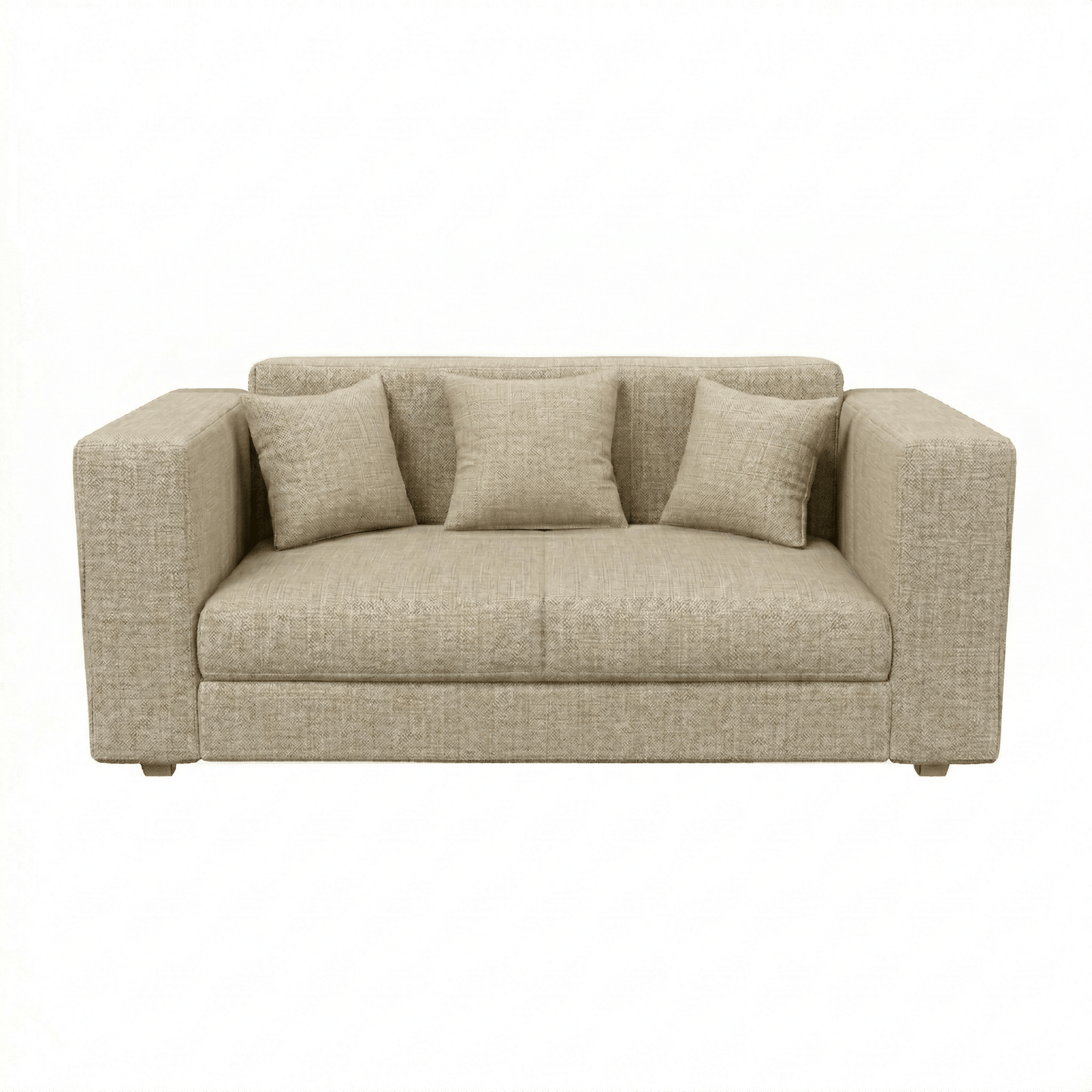 Beige sofa with three cushions on a white background