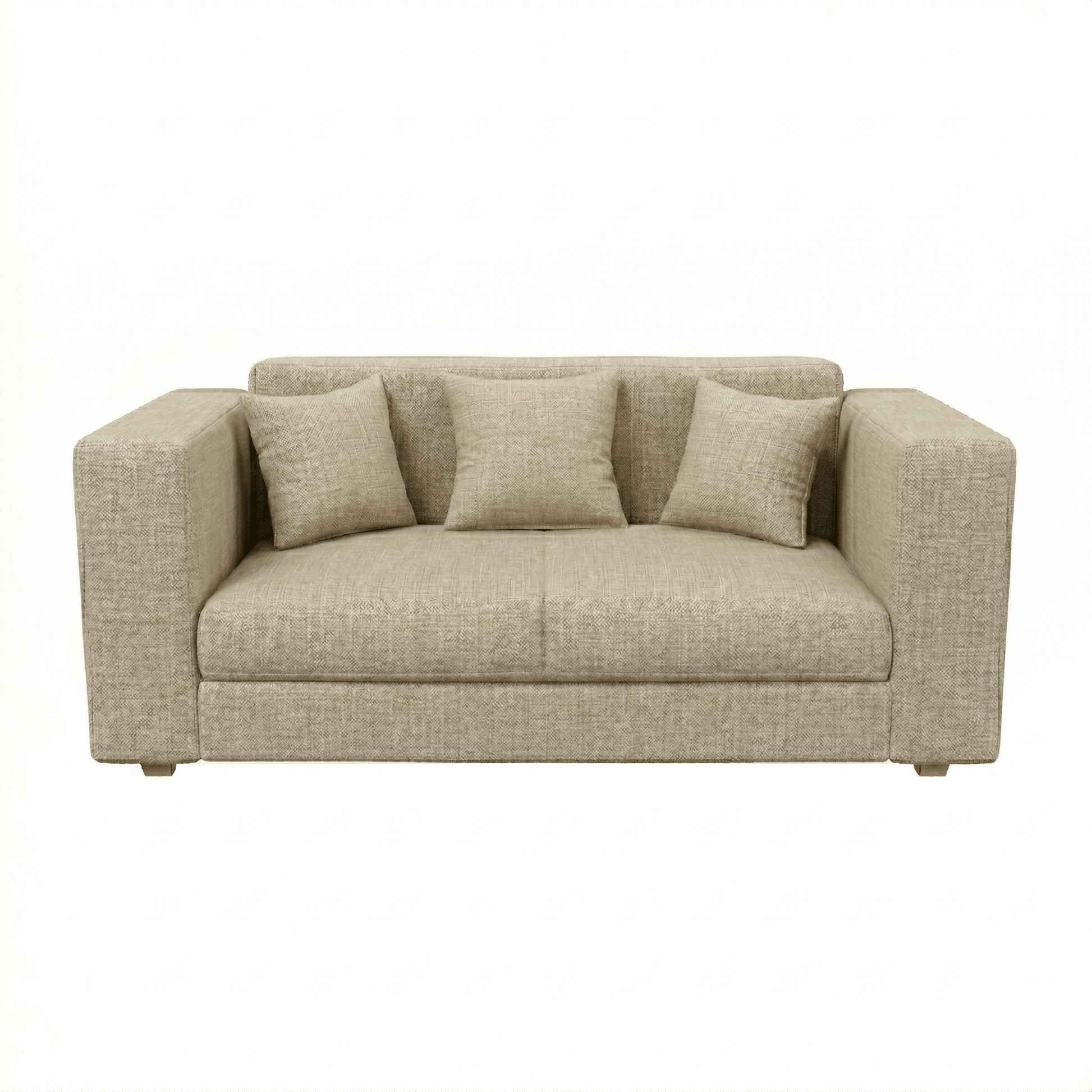 Beige sofa with three cushions on a white background