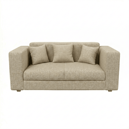 Beige sofa with three cushions on a white background
