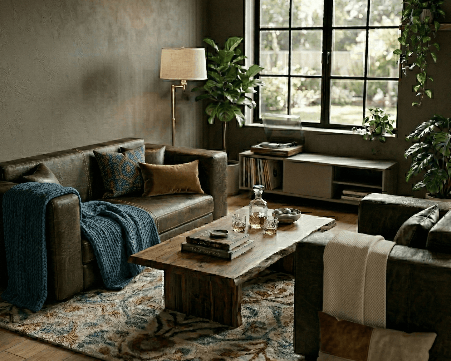 Cozy living room with brown sofa, wooden coffee table, and decorative elements.