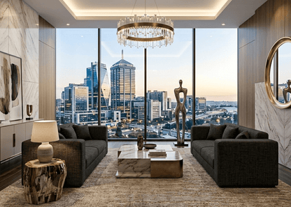 Modern living room with a cityscape view, chandelier, and decorative elements.