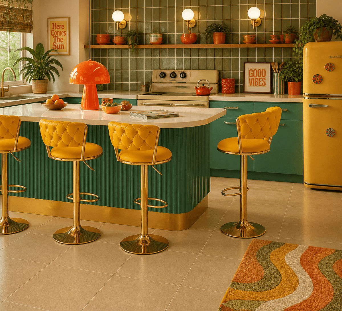 A retro-style kitchen interior with a teal ribbed island, four yellow tufted bar stools with gold bases, a yellow refrigerator, green tile backsplash, and warm decorative lighting.