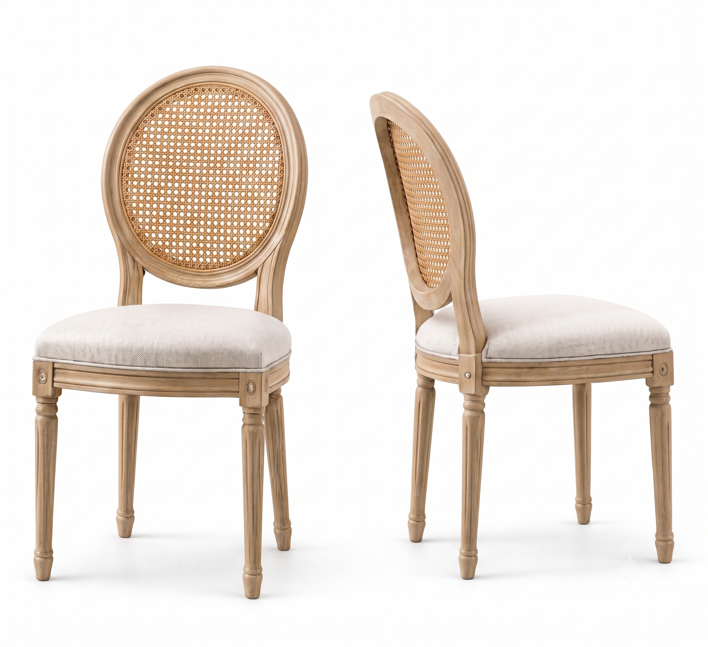 Two wooden chairs with wicker backrests and white cushioned seats on a white background- That Couch Place