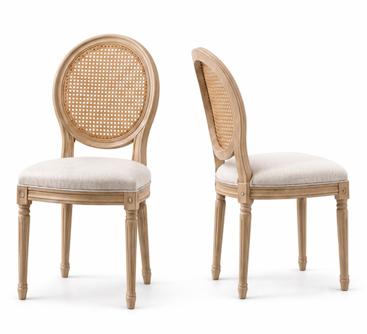 Two wooden chairs with wicker backrests and white cushioned seats on a white background- That Couch Place