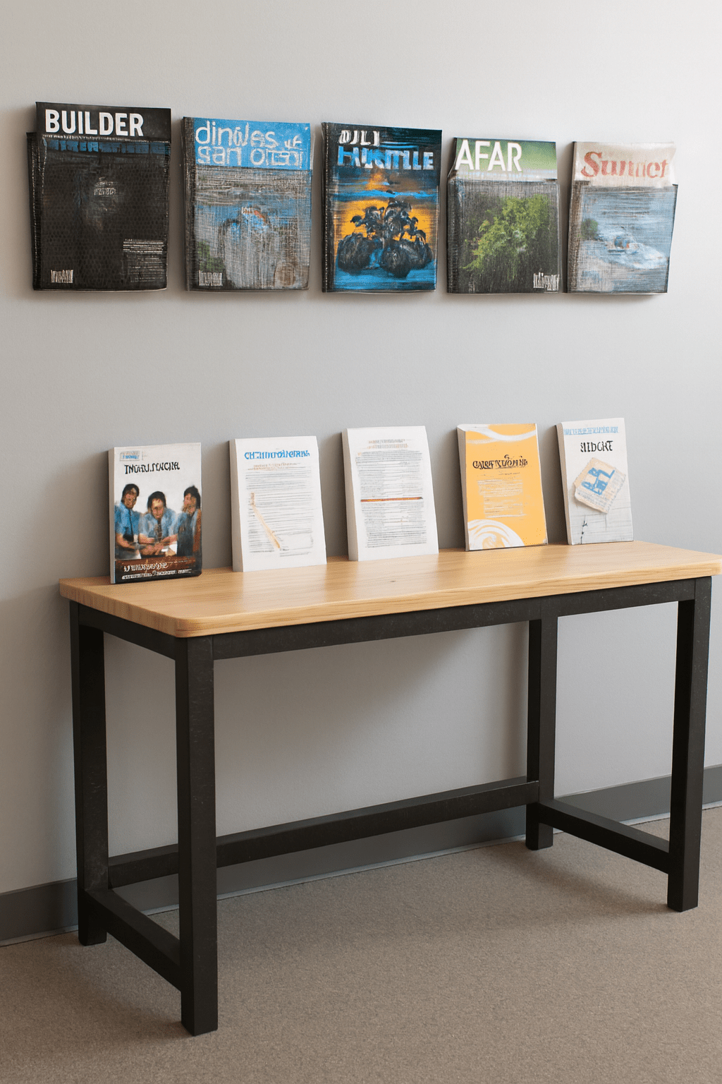 Magazines on a wall above a table with more magazines on it. That Couch Place