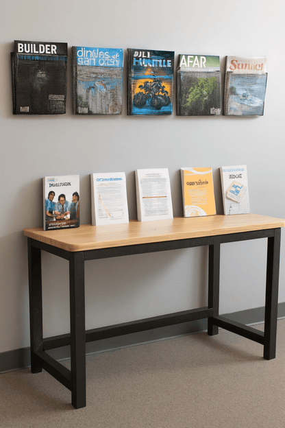 Magazines on a wall above a table with more magazines on it. That Couch Place