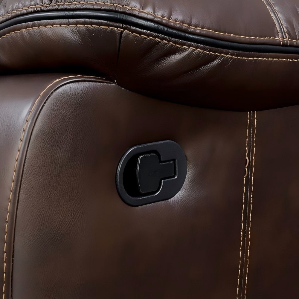 Close-up of a brown leather Reclier mechanism latch