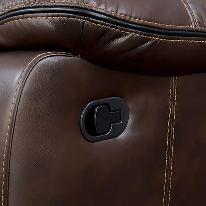 Close-up of a brown leather Reclier mechanism latch