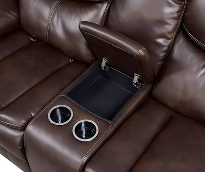 Brown leather recliner with cup holders and storage tray