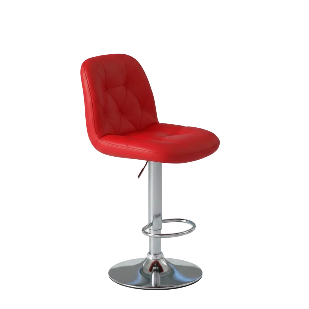 A red tufted faux leather swivel barstool with a chrome pedestal base and footrest, shown against a plain white background.