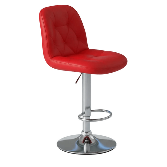 A red tufted faux leather swivel barstool with a chrome pedestal base and footrest, shown against a plain white background.
