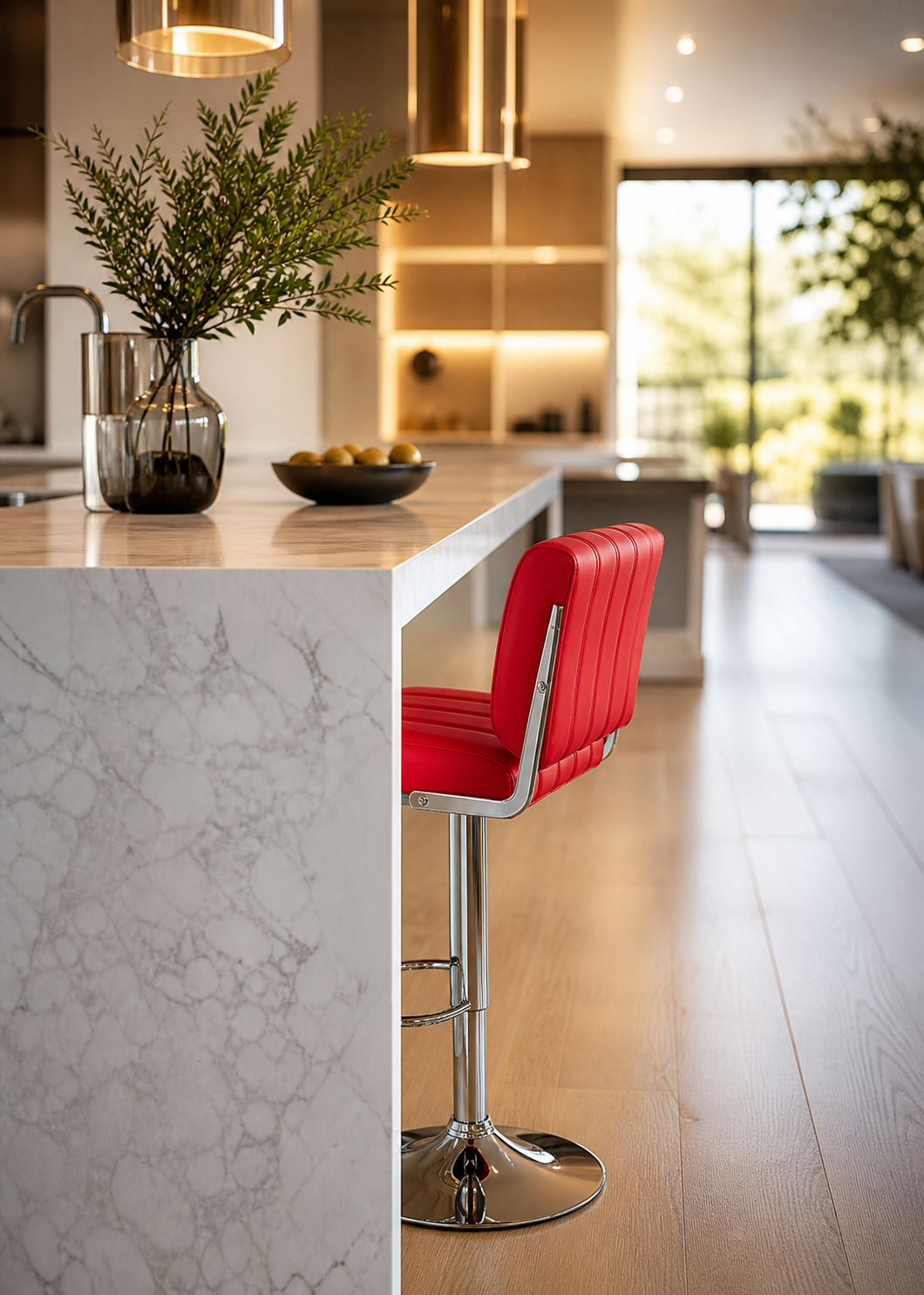 A modern kitchen interior with a red upholstered bar stool featuring a chrome pedestal base, positioned beside a white marble island with a glass vase of greenery on top.