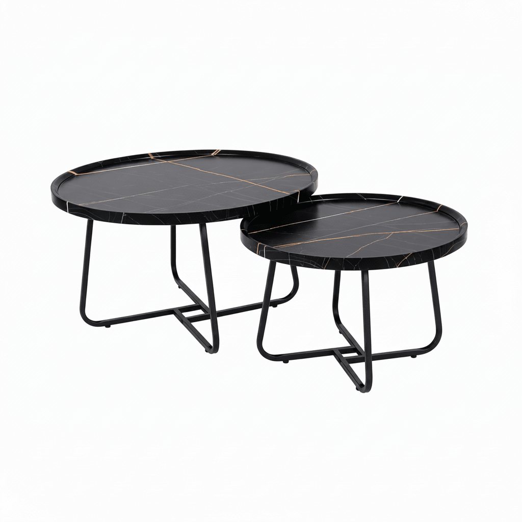 Two round nesting side tables with black marble-patterned tops and black metal legs, shown on a plain white background.