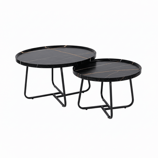 Two round nesting side tables with black marble-patterned tops and black metal legs, shown on a plain white background.