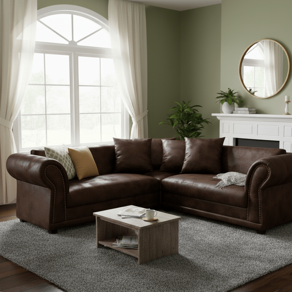Brown leather sectional corner sofa in a living room with a coffee table and decorative items. That Couch Place