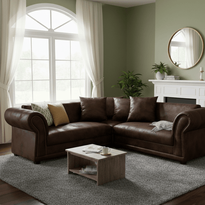 Brown leather sectional corner sofa in a living room with a coffee table and decorative items. That Couch Place