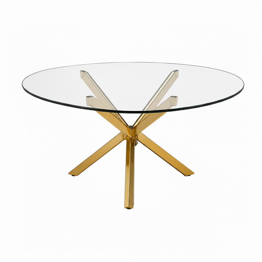 A modern round glass-top dining table with a polished gold-tone metal base featuring an X-shaped central support and four radiating legs, shown on a plain white background.