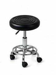 A black circular vinyl swivel stool with a chrome metal pedestal base and five wheels, shown on a plain white background.