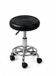A black circular vinyl swivel stool with a chrome metal pedestal base and five wheels, shown on a plain white background.
