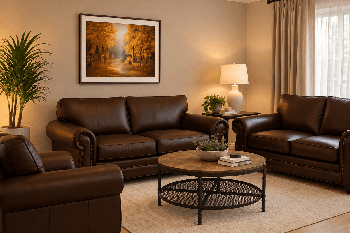 Round burned wood coffee table with black steel legs in a lounge with a brown lounge suit