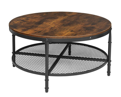 Round burned wood coffee table with black steel legs on a white background