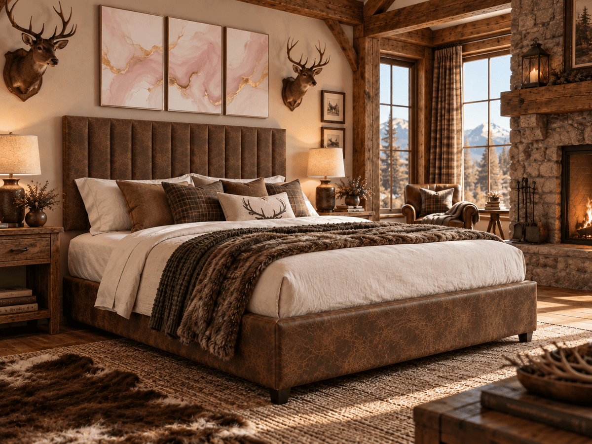 A rustic bedroom scene featuring a large upholstered bed with a tufted headboard and matching footboard, dressed in white bedding and a dark plaid throw. The room has exposed wood beams, a stone fireplace, mountain views through tall windows, deer head mounts on the wall, and a three-panel abstract wall art set above the bed.