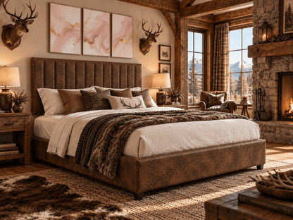 A rustic bedroom scene featuring a large upholstered bed with a tufted headboard and matching footboard, dressed in white bedding and a dark plaid throw. The room has exposed wood beams, a stone fireplace, mountain views through tall windows, deer head mounts on the wall, and a three-panel abstract wall art set above the bed.