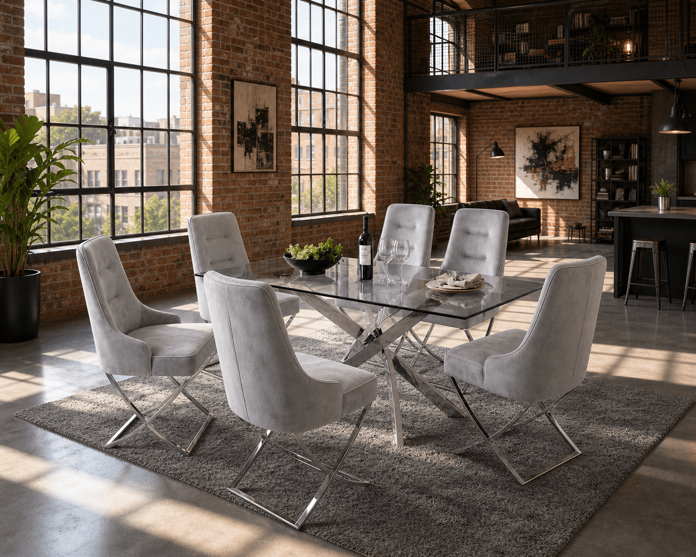Modern dining room with glass table and gray chairs in a loft-style setting.