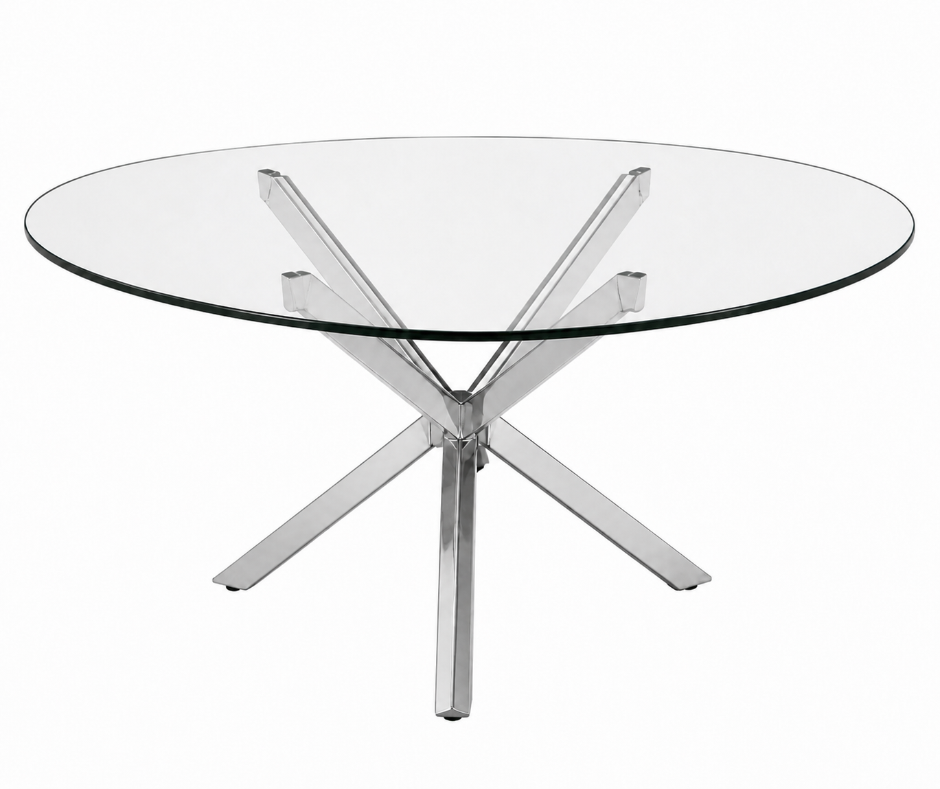 A round glass-top dining table with a polished chrome or stainless steel X-shaped pedestal base, shown on a plain white background.