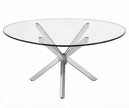 A round glass-top dining table with a polished chrome or stainless steel X-shaped pedestal base, shown on a plain white background.