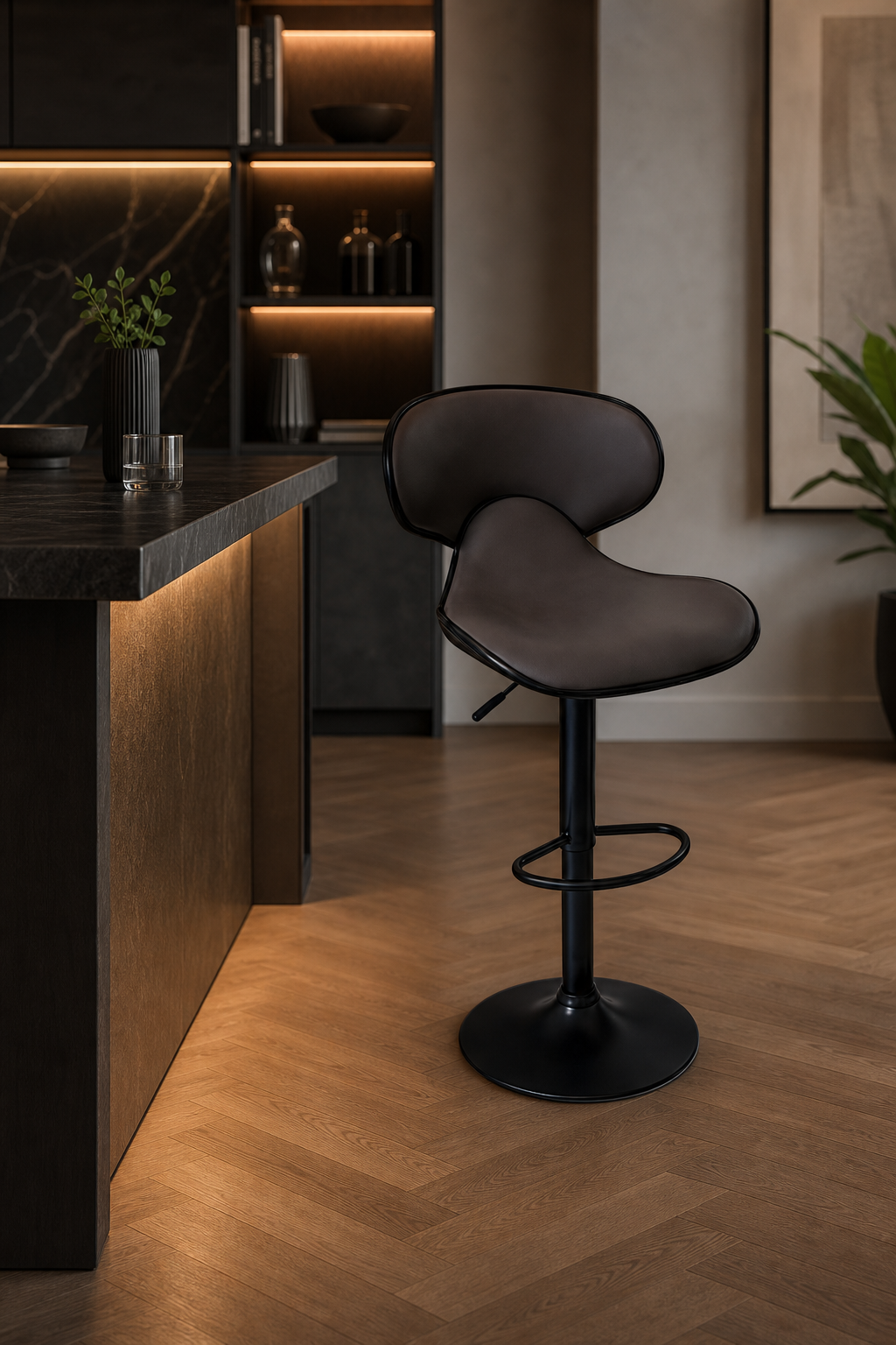 A sleek adjustable barstool at a kitchen counter in a brown Pu leather with a black background