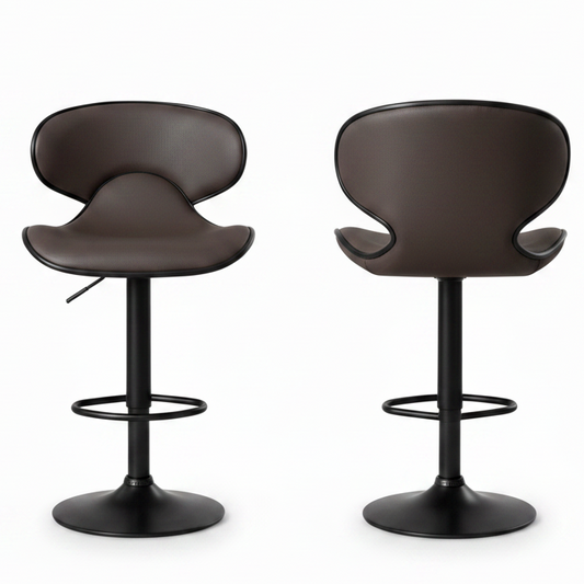 A sleek brown adjustable bar chair with a metal base and PU leather cover and a black rim on a white background.