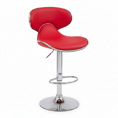 A modern counter stool with a bright red curved seat and backrest, supported by a polished chrome metal pedestal base and footrest ring, shown on a plain white background.