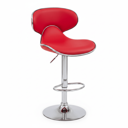 A modern counter stool with a bright red curved seat and backrest, supported by a polished chrome metal pedestal base and footrest ring, shown on a plain white background.