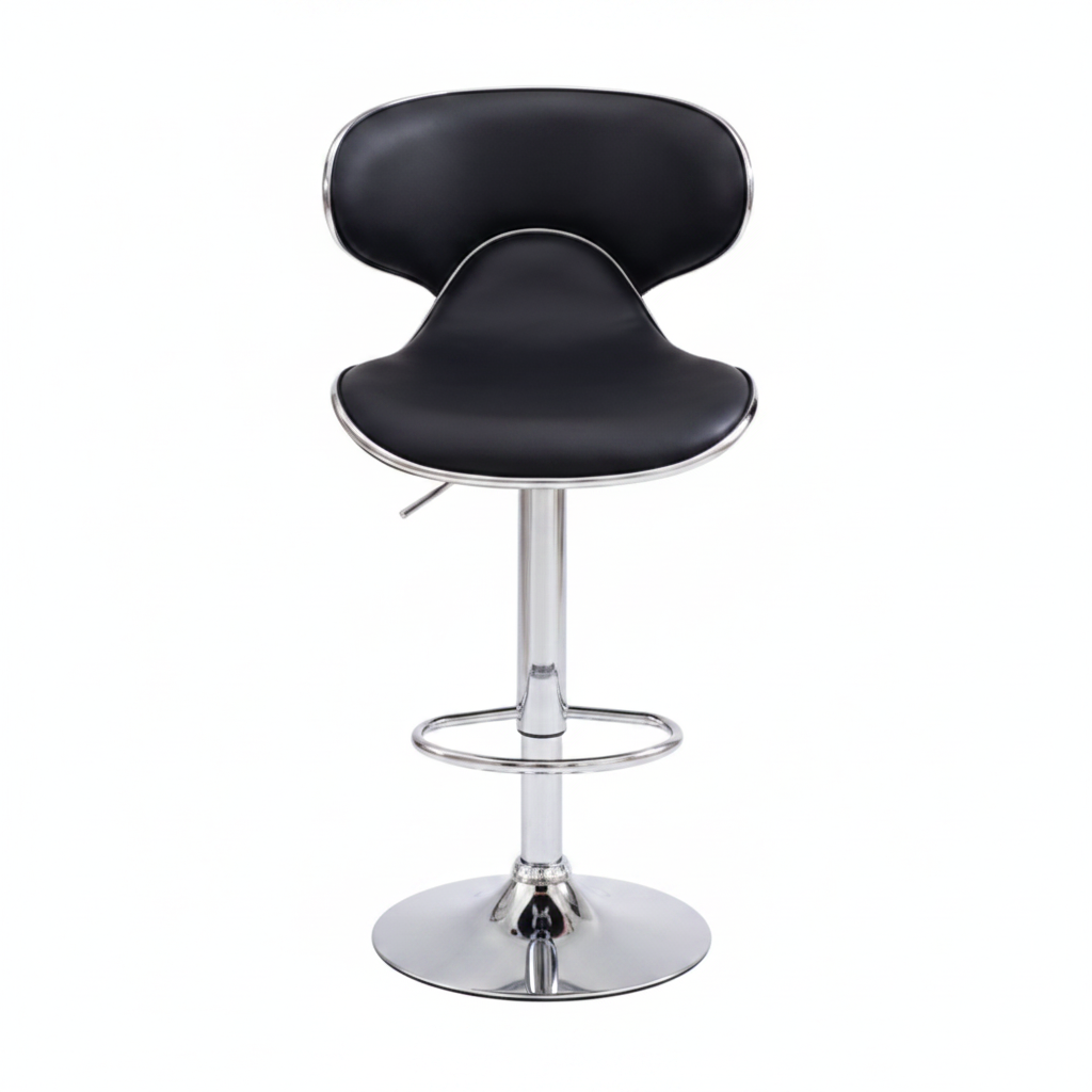 A modern swivel bar stool with a black upholstered seat and curved backrest, supported by a polished chrome pedestal base with a footrest ring, on a plain white background.