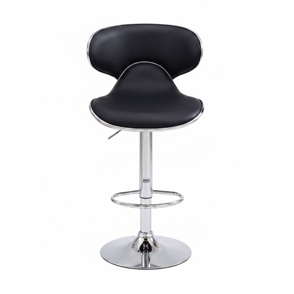 A modern swivel bar stool with a black upholstered seat and curved backrest, supported by a polished chrome pedestal base with a footrest ring, on a plain white background.