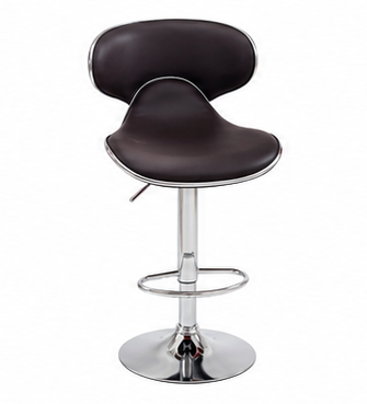 A modern bar stool with a dark brown contoured seat and backrest, supported by a polished chrome metal pedestal base and footrest, shown against a plain white background.