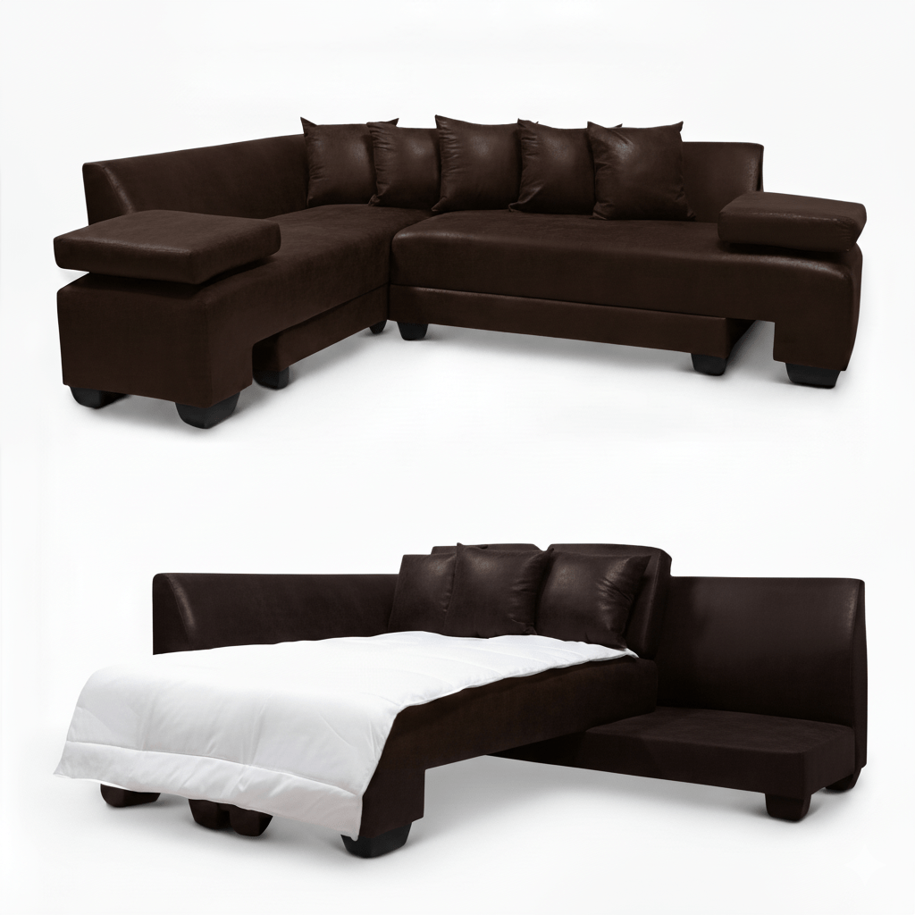 Brown sectional sofa with a bed conversion on a white background - That Couch Place