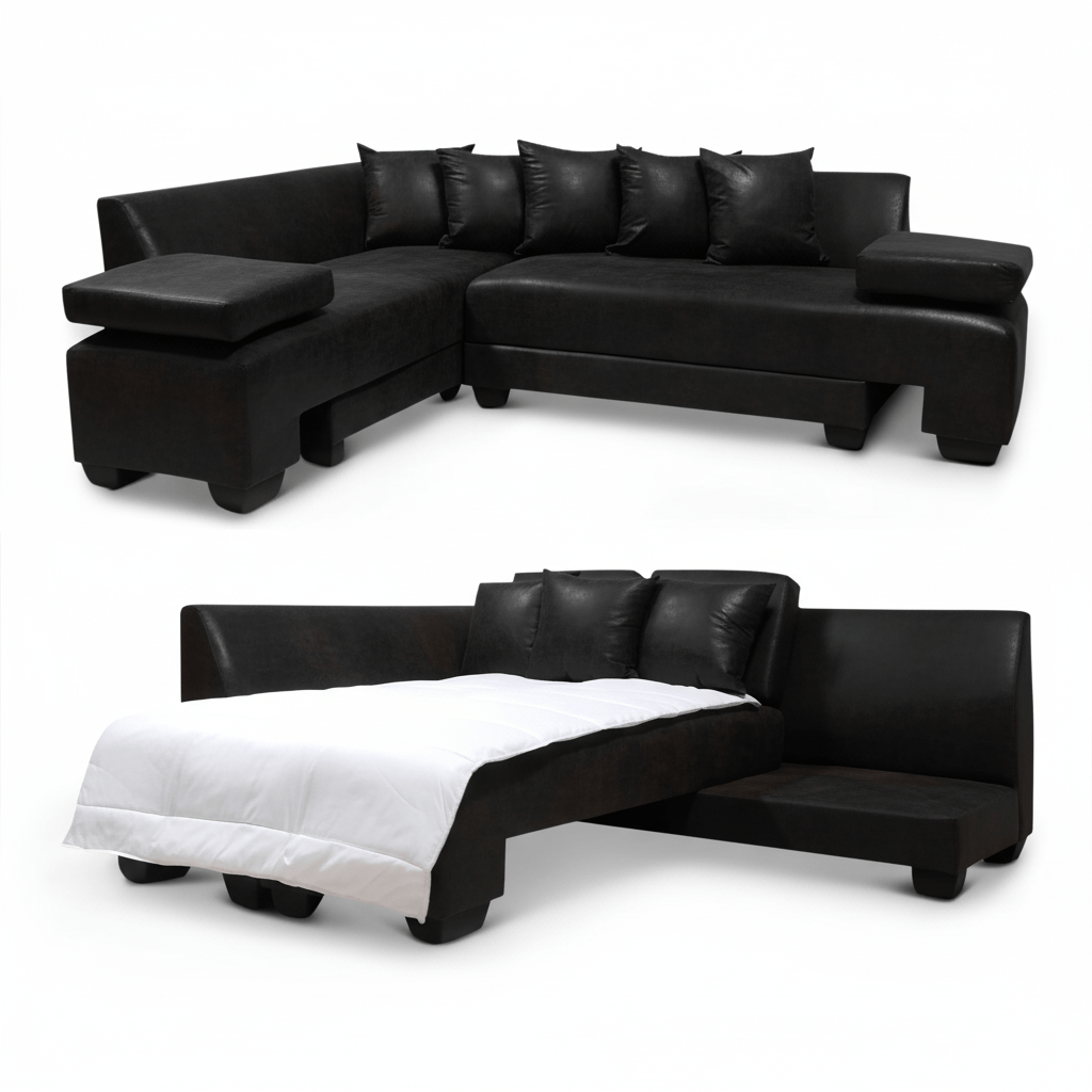 Black sectional sofa with a bed extension on a white background-That Couch Place