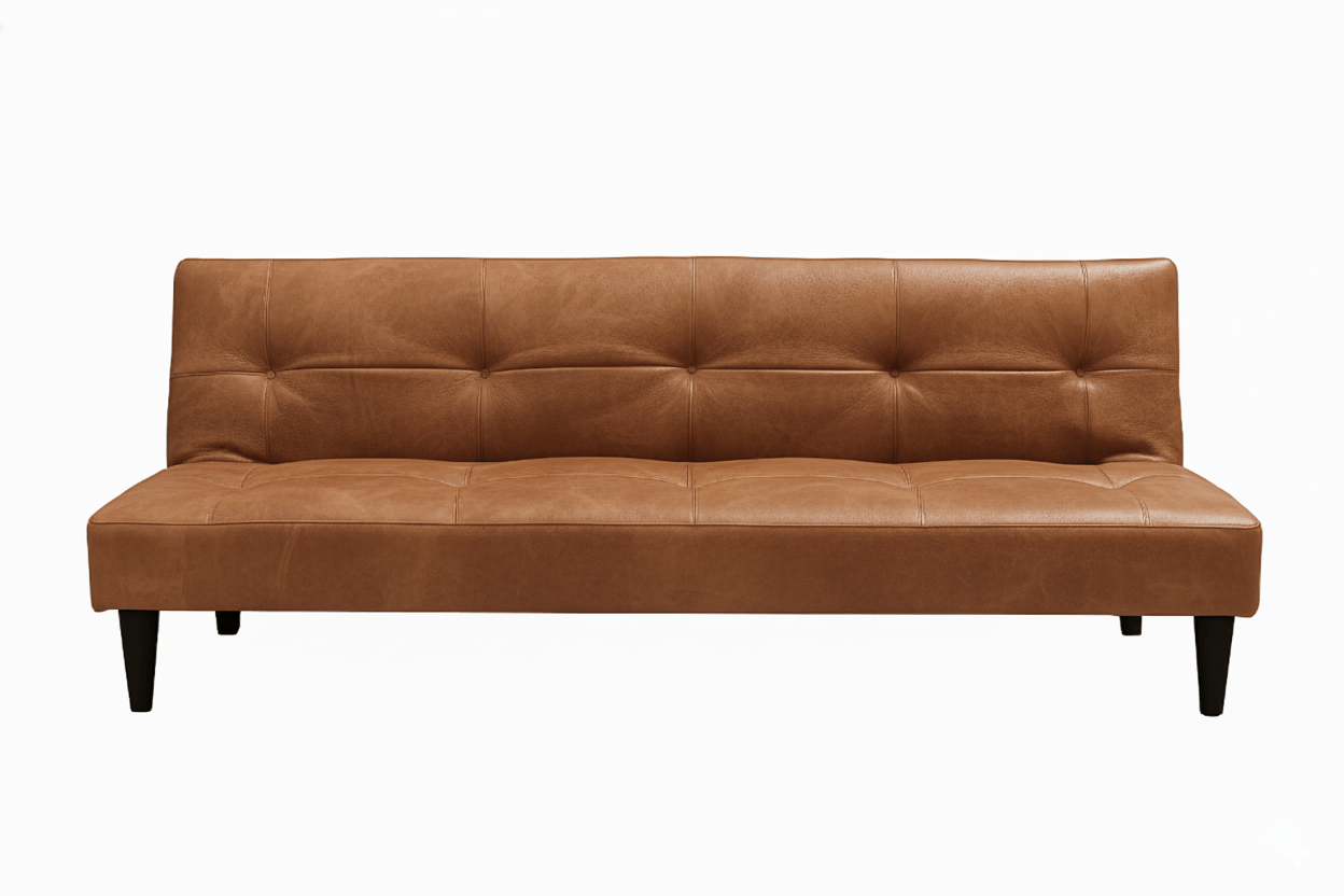 Brown leather sleeper sofa on a white background That Couch Place