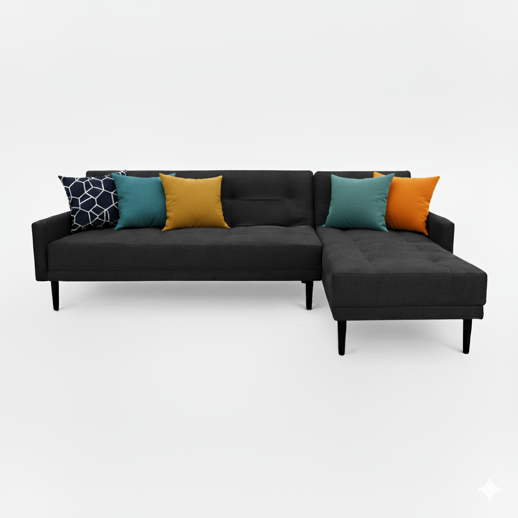 Dark grey corner sleeper couch -sectional sofa with colorful cushions on a white background - That Couch Place