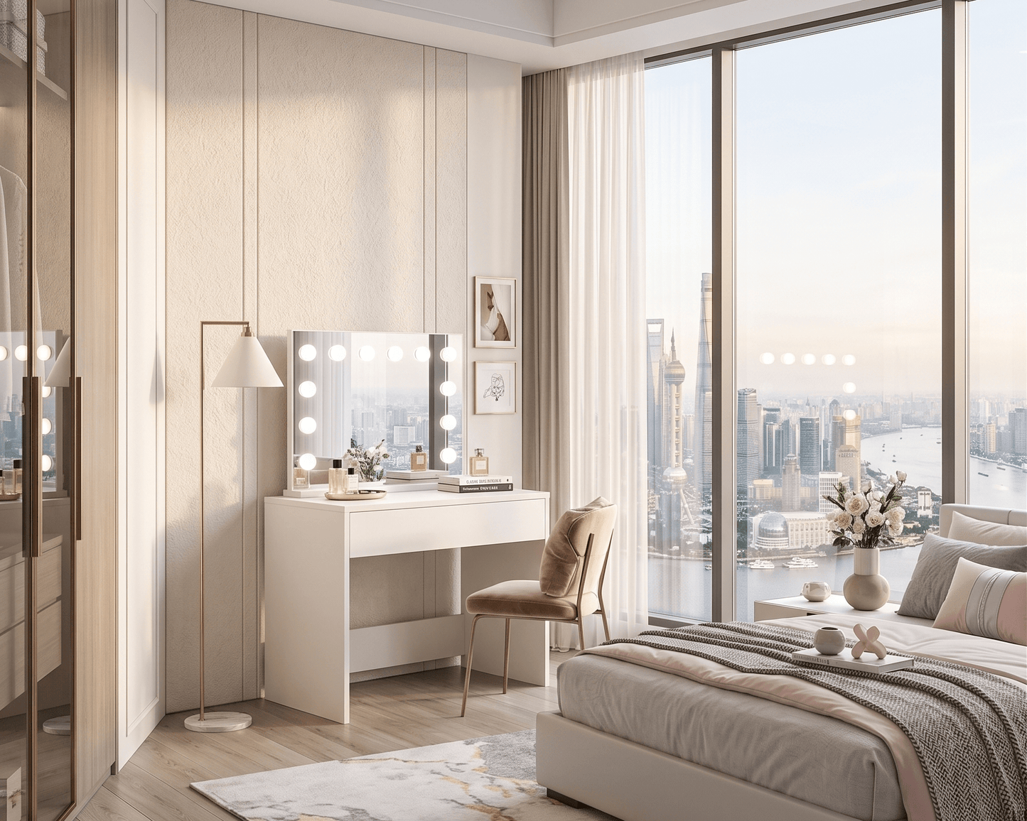 Modern bedroom with a large window view, dressing table, and bed.