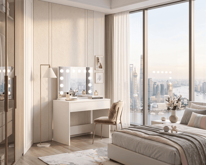 Modern bedroom with a large window view, dressing table, and bed.