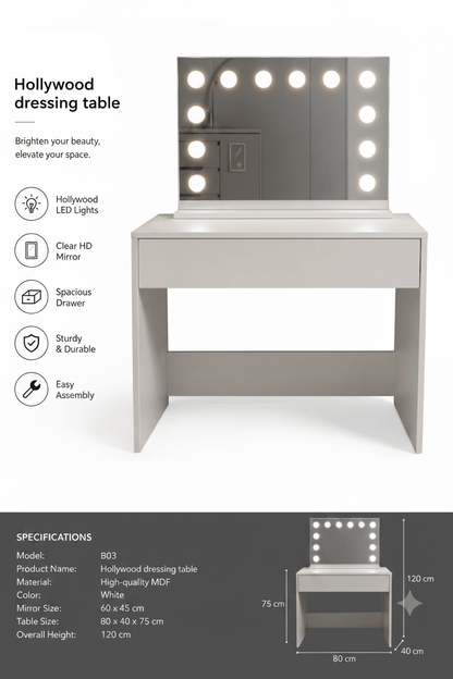 Hollywood dressing table with LED lights on a white background