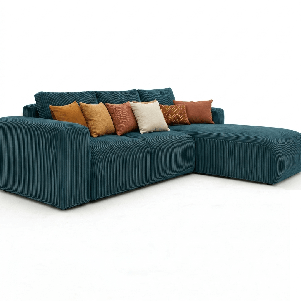 Teal sectional sofa with colorful cushions on a white background