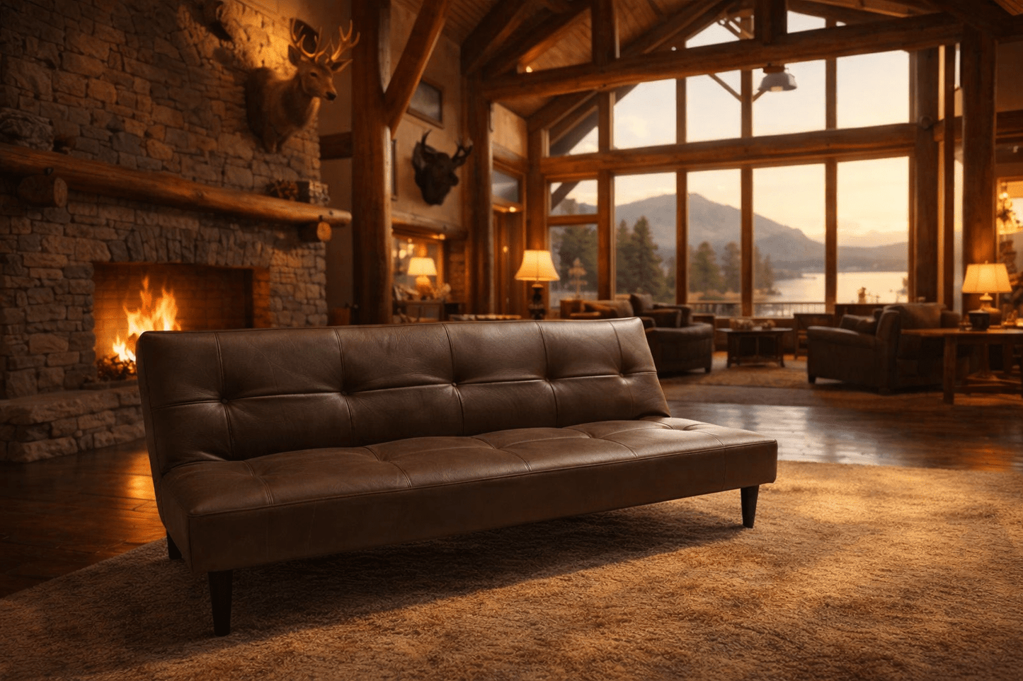 Brown leather sofa in a cozy living room with a fireplace and large windows.