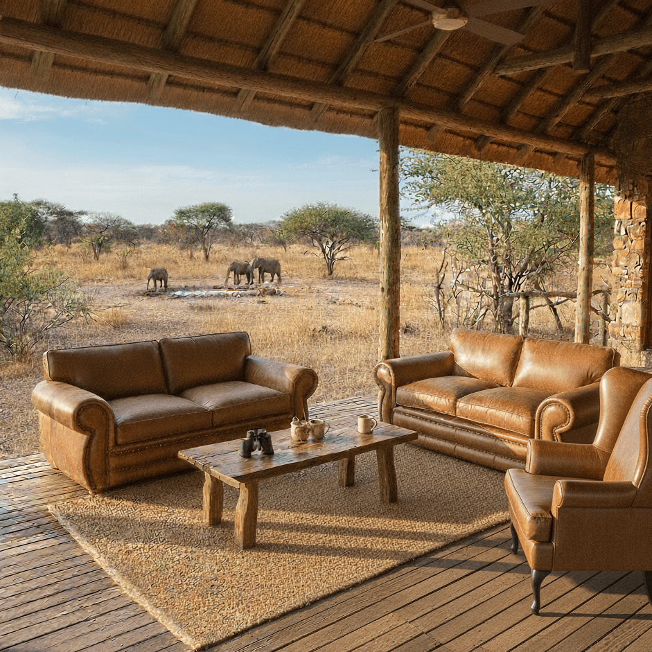 Dingaan Lounge Suite in bush lodge with background of bush- That Couch Place