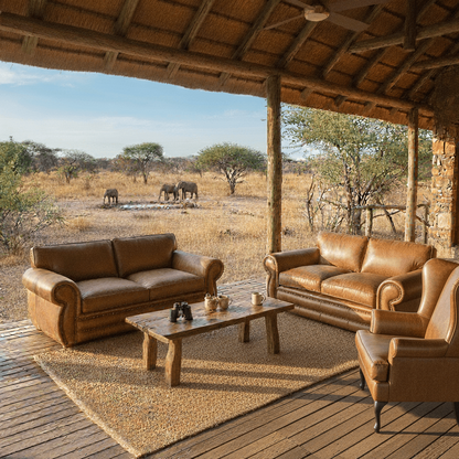 Dingaan Lounge Suite in bush lodge with background of bush- That Couch Place