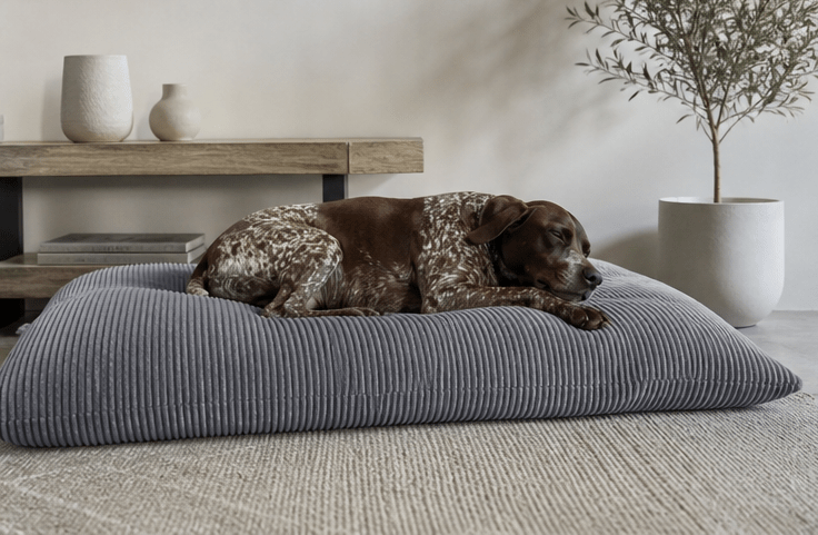 Dog lying on a gray cushion in a room with a shelf and plant.
