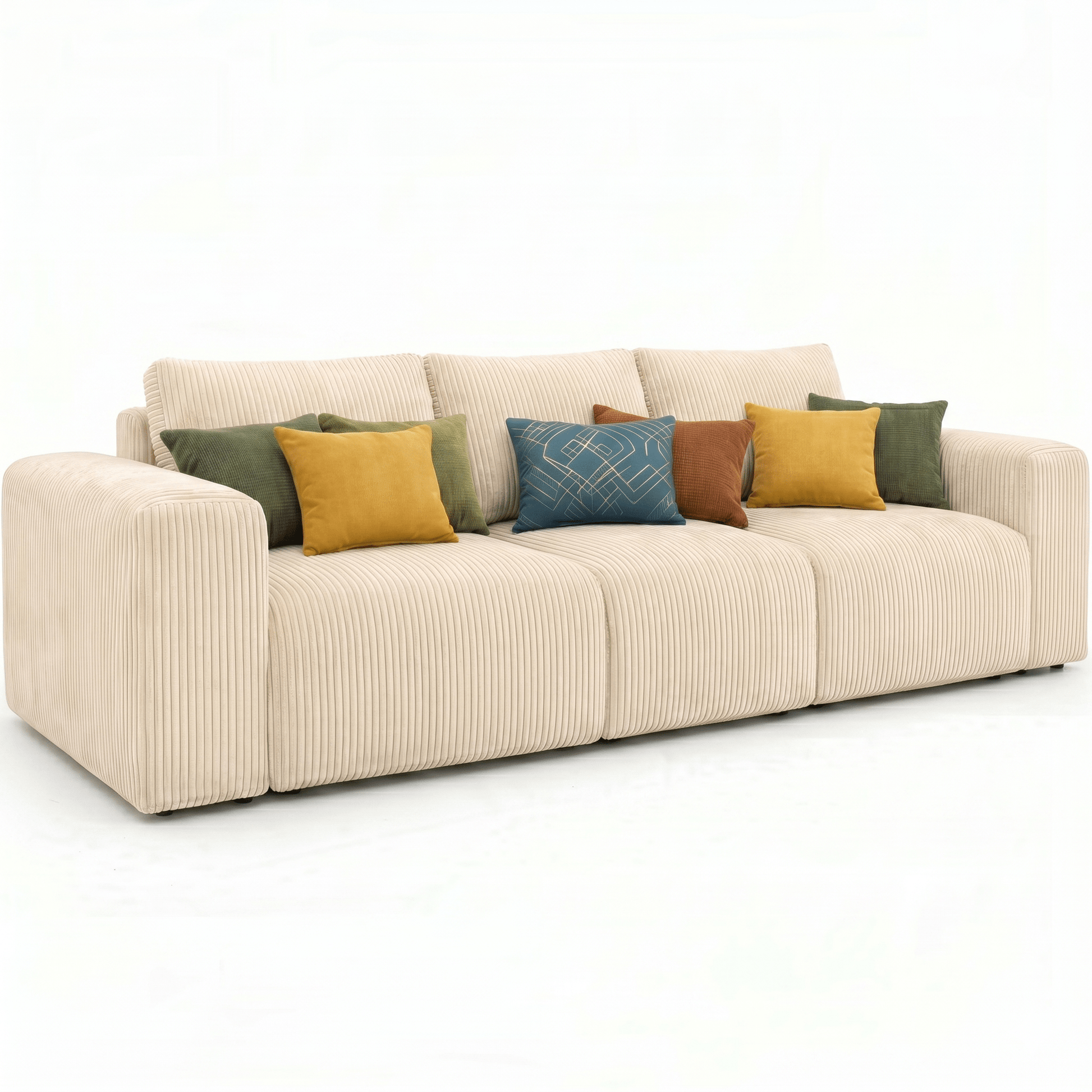 Beige Soft corduroy couch 3 seater sofa with colorful cushions on a white background